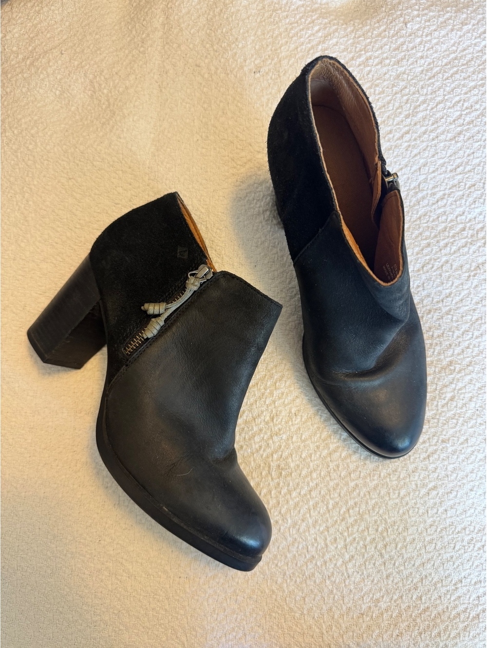 Sperry Black Leather and Suede Ankle Booties with Block Heel
